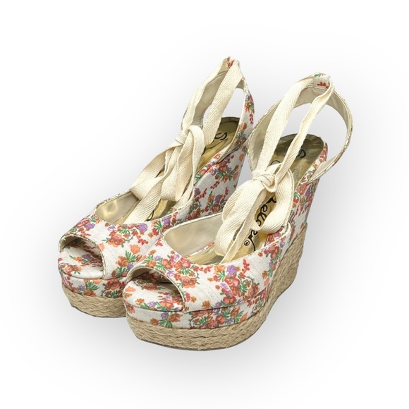 new Sergio Zelcer ❀ Platform Ankle Wrap Floral Print Sandal Espadrilles ❀ Cream - Picture 7 of 16